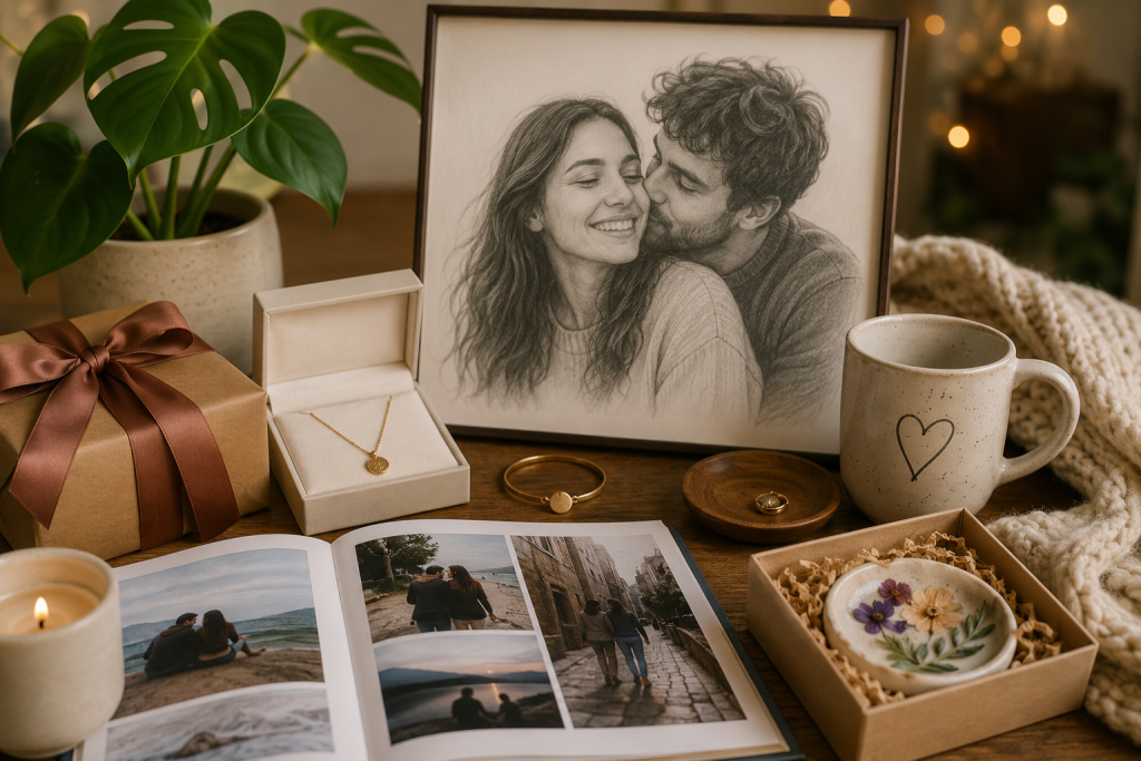 Retrato a lápiz de una pareja enmarcado rodeado de regalos personalizados, álbum de fotos, joyas y detalles románticos sobre una mesa acogedora