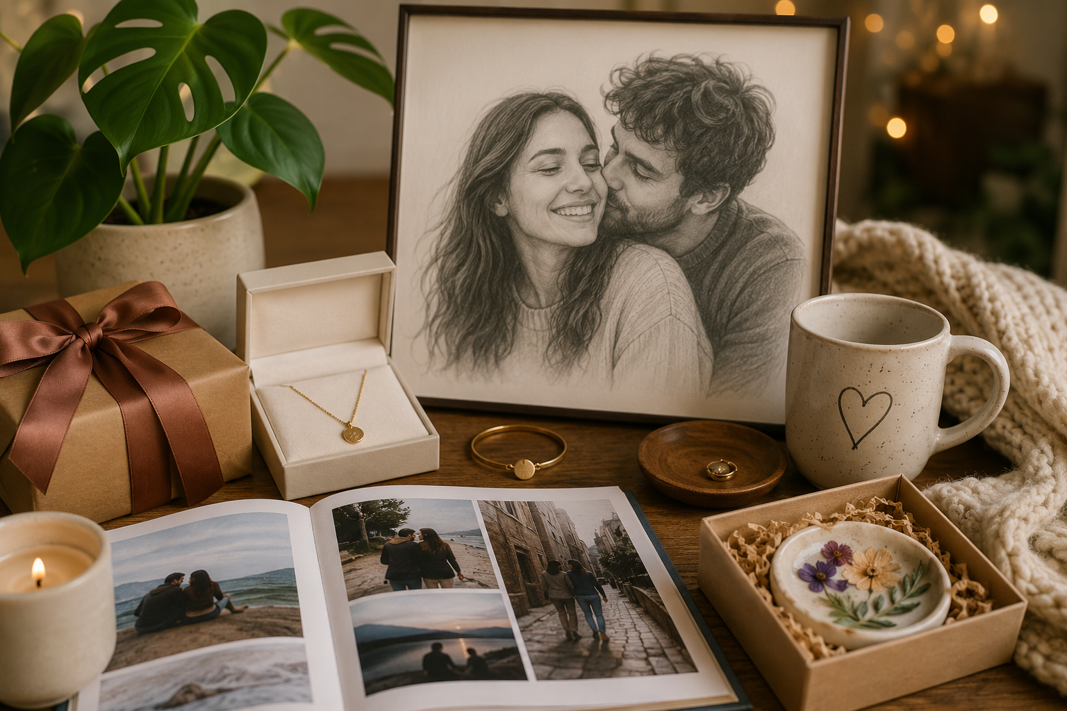 Retrato a lápiz de una pareja enmarcado rodeado de regalos personalizados, álbum de fotos, joyas y detalles románticos sobre una mesa acogedora