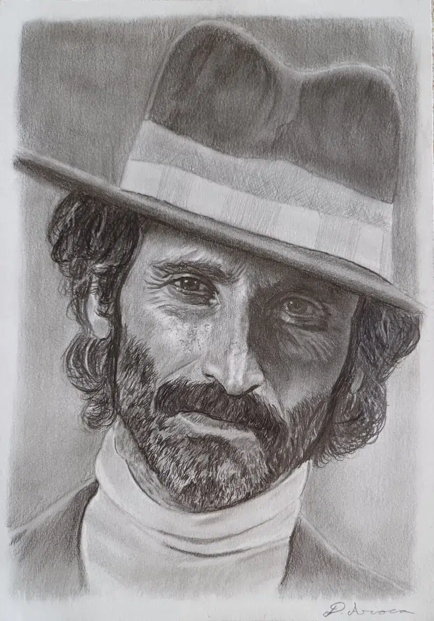 Retrato a lápiz de un hombre con barba, cabello rizado y sombrero de ala ancha estilo clásico