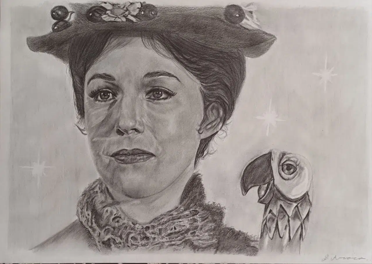 Retrato a lápiz de Mary Poppins con sombrero decorado y su paraguas con mango de loro