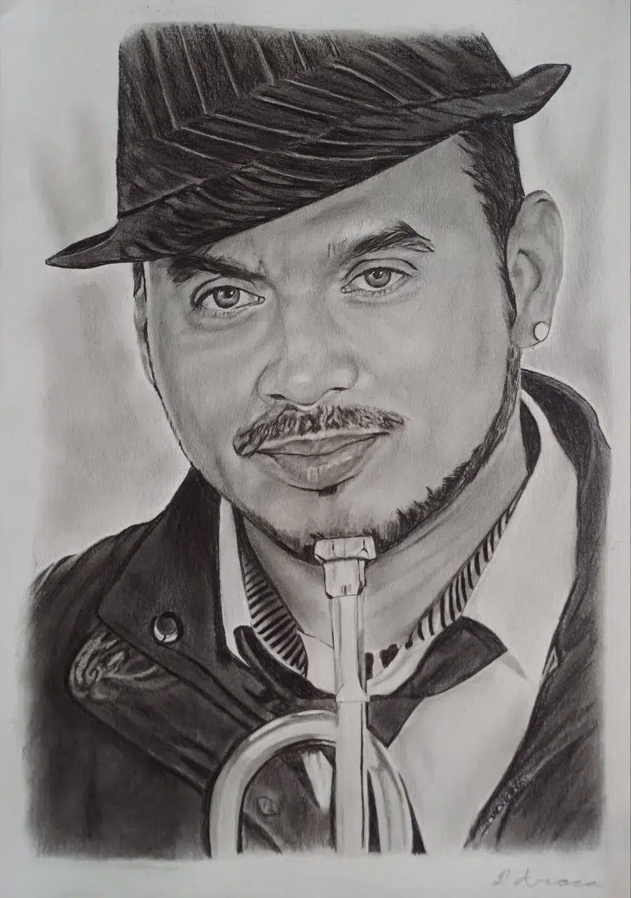 Retrato a lápiz de un músico con sombrero y bigote sosteniendo una trompeta