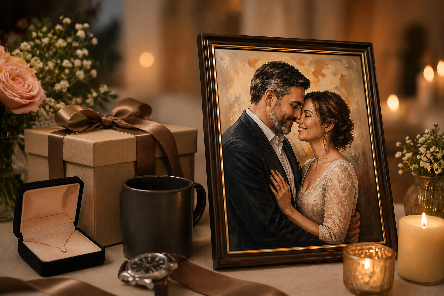 Retrato de pareja enmarcado junto a regalos de aniversario como joyas y caja decorativa en un ambiente romántico con velas