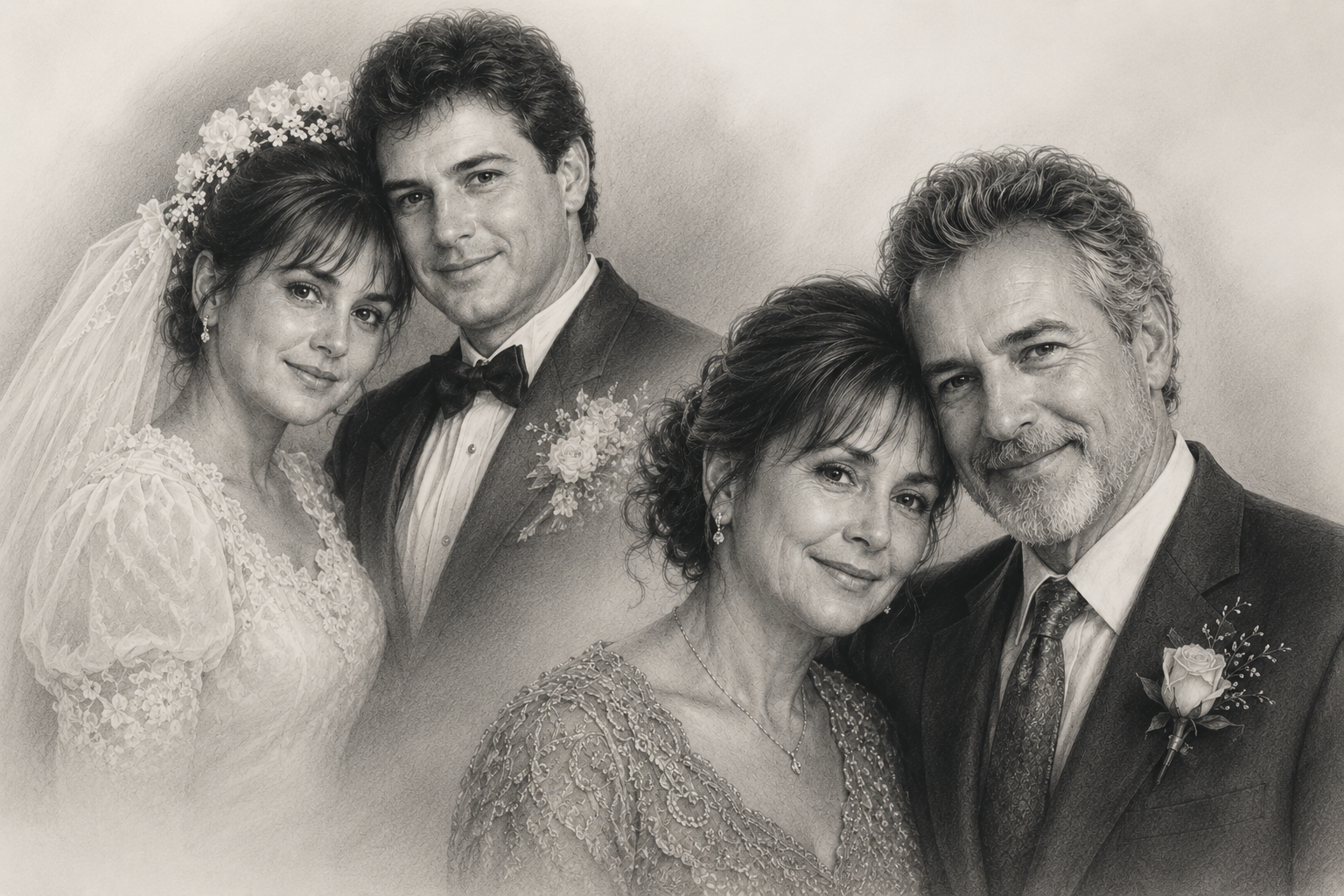 Retrato hiperrealista a lápiz de grafito en formato horizontal de una pareja celebrando sus bodas de plata, mostrando una composición artística con dos etapas de su vida: el día de su boda y 25 años después. Estilo fine art con sombreado suave, detalles realistas y atmósfera cálida y nostálgica.