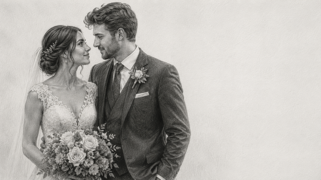 Dibujo realista a lápiz grafito en blanco y negro de una pareja de recién casados en plano medio, la novia con vestido de encaje y ramo floral junto al novio con traje elegante, mirándose con intimidad bajo luz suave lateral sobre papel texturizado.