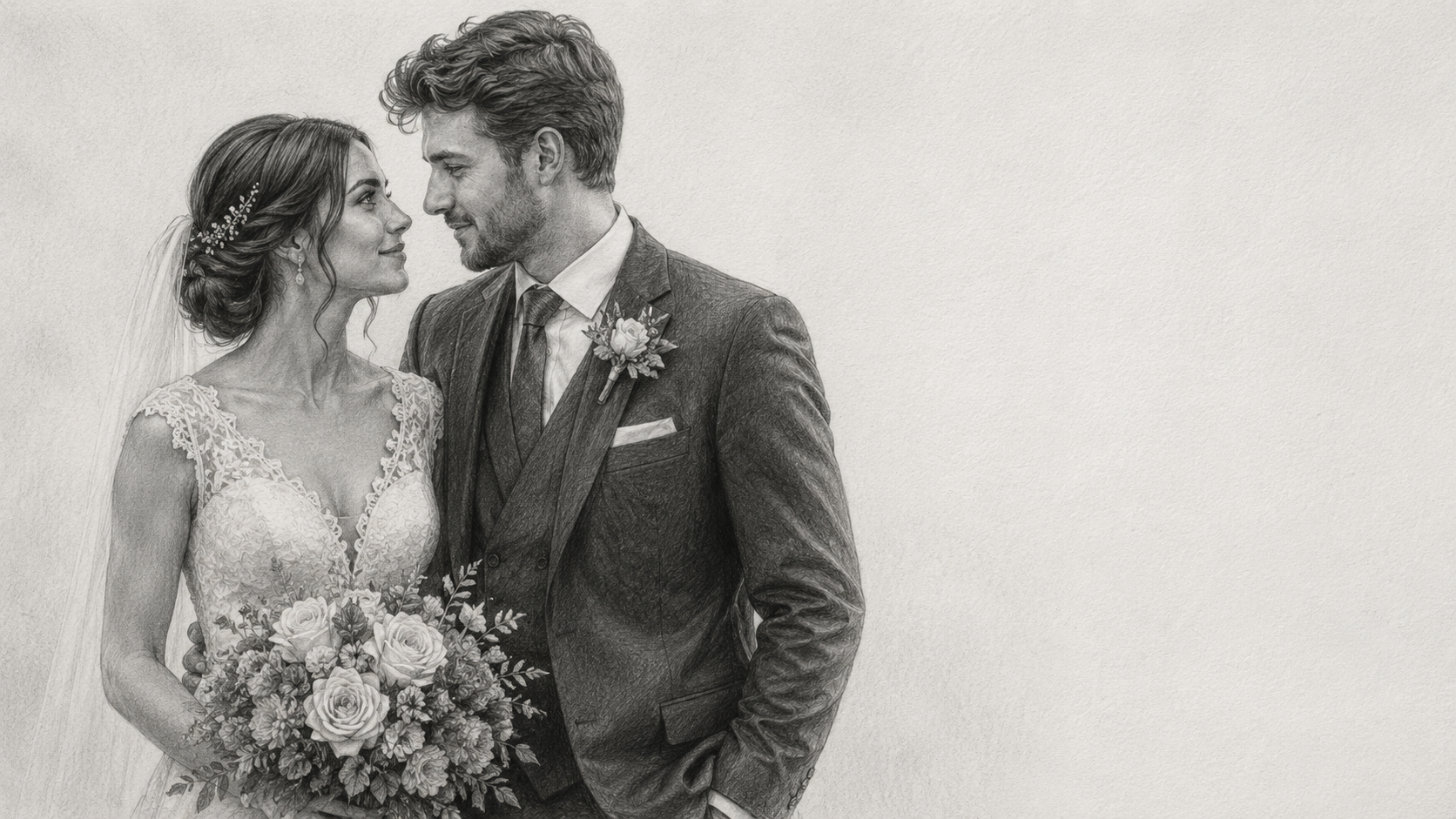 Dibujo realista a lápiz grafito en blanco y negro de una pareja de recién casados en plano medio, la novia con vestido de encaje y ramo floral junto al novio con traje elegante, mirándose con intimidad bajo luz suave lateral sobre papel texturizado.