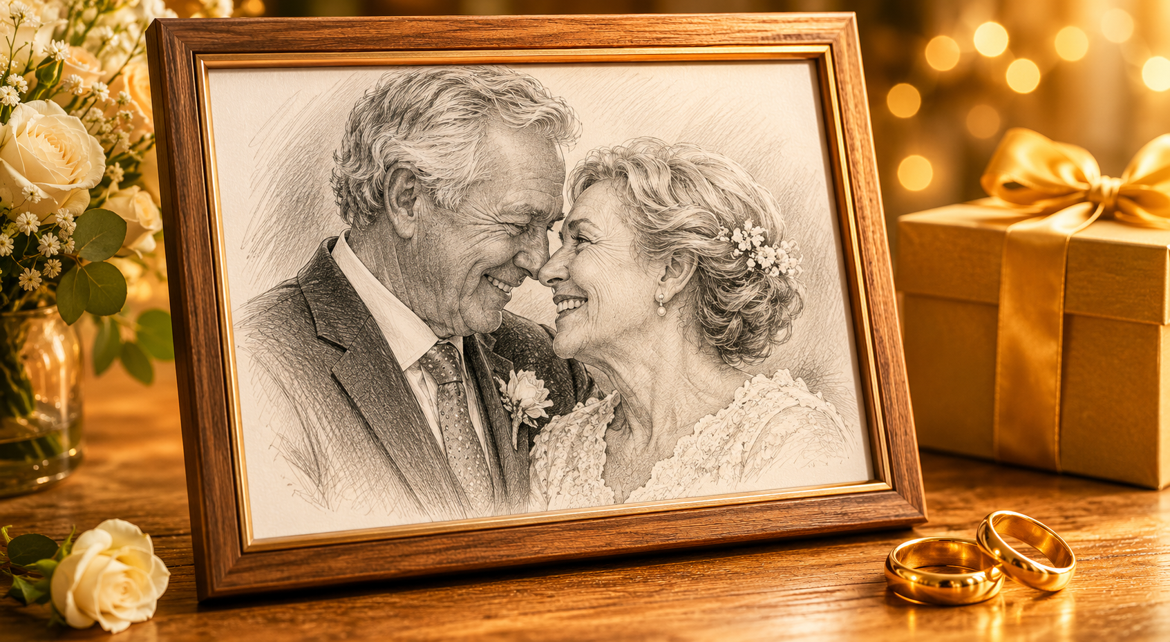 Retrato a lápiz de una pareja celebrando sus bodas de oro enmarcado sobre una mesa decorada con flores y detalles dorados.