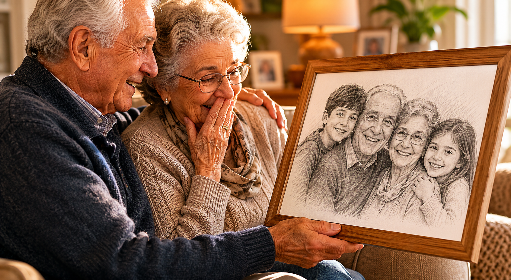 Abuelos emocionados mirando un retrato a lápiz de su familia en el salón de casa