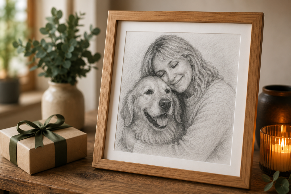 Retrato a lápiz personalizado enmarcado como regalo para una persona que lo tiene todo, junto a un paquete de regalo en un ambiente cálido y acogedor