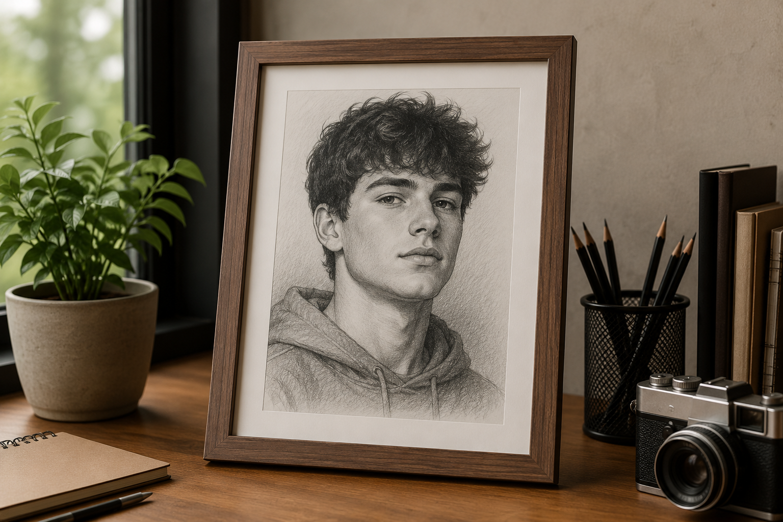 Retrato realista a lápiz enmarcado de un joven de 18 años sobre un escritorio de madera, iluminado por luz natural, como regalo personalizado para celebrar la mayoría de edad