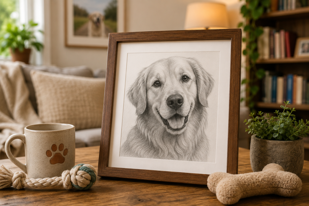 Retrato a lápiz de un perro enmarcado sobre una mesa de salón como regalo personalizado para amantes de los animales