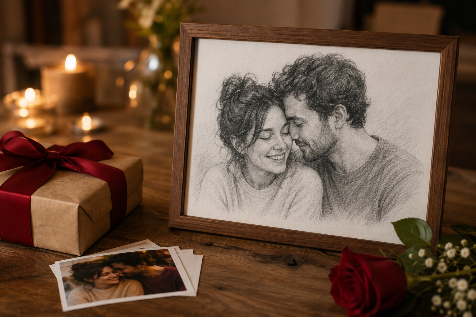 Retrato a lápiz de una pareja enmarcado sobre una mesa con detalles románticos, como regalo de aniversario emocional y personalizado.