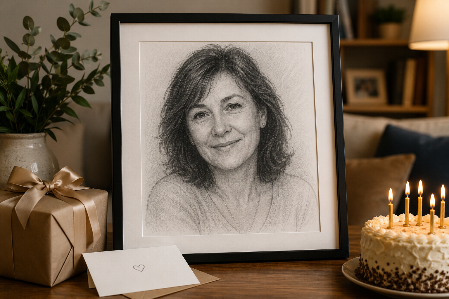 Retrato a lápiz enmarcado como regalo de cumpleaños para una persona de 40, 50 o 60 años, presentado junto a un regalo y una tarta de celebración en un ambiente familiar