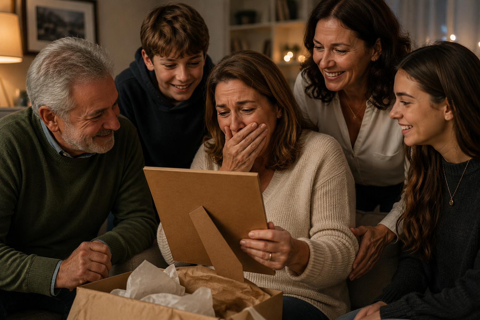 Mujer emocionada descubriendo un retrato enmarcado como regalo de cumpleaños sorpresa mientras familiares de distintas generaciones observan y comparten el momento en un ambiente cálido y acogedor.