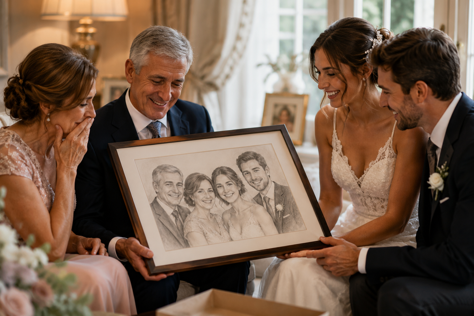 Padres de los novios recibiendo un retrato a lápiz enmarcado durante la boda, en un momento emotivo junto a la pareja.