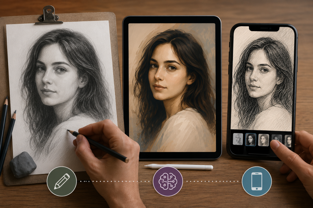 Comparativa visual entre un retrato realista dibujado a mano con lápiz, un retrato generado por inteligencia artificial y una imagen transformada con un filtro de móvil