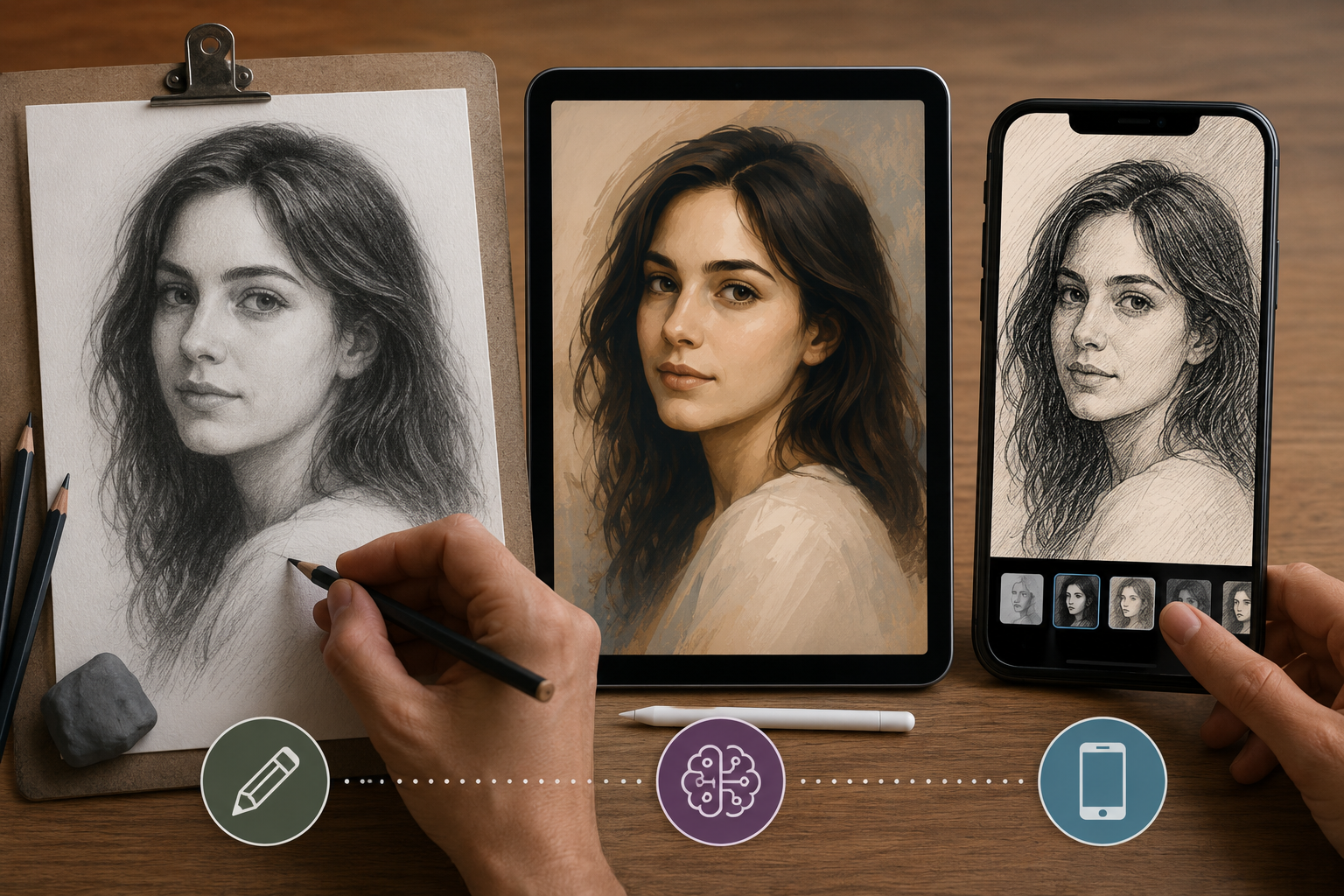 Comparativa visual entre un retrato realista dibujado a mano con lápiz, un retrato generado por inteligencia artificial y una imagen transformada con un filtro de móvil