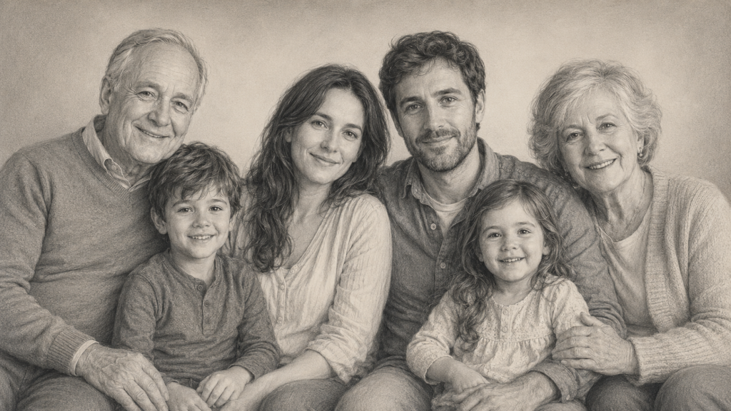 Retrato familiar de tres generaciones realizado a lápiz de grafito sobre papel beige texturizado, con abuelos, padres e hijos pequeños reunidos en una composición clásica y detallada en blanco y negro