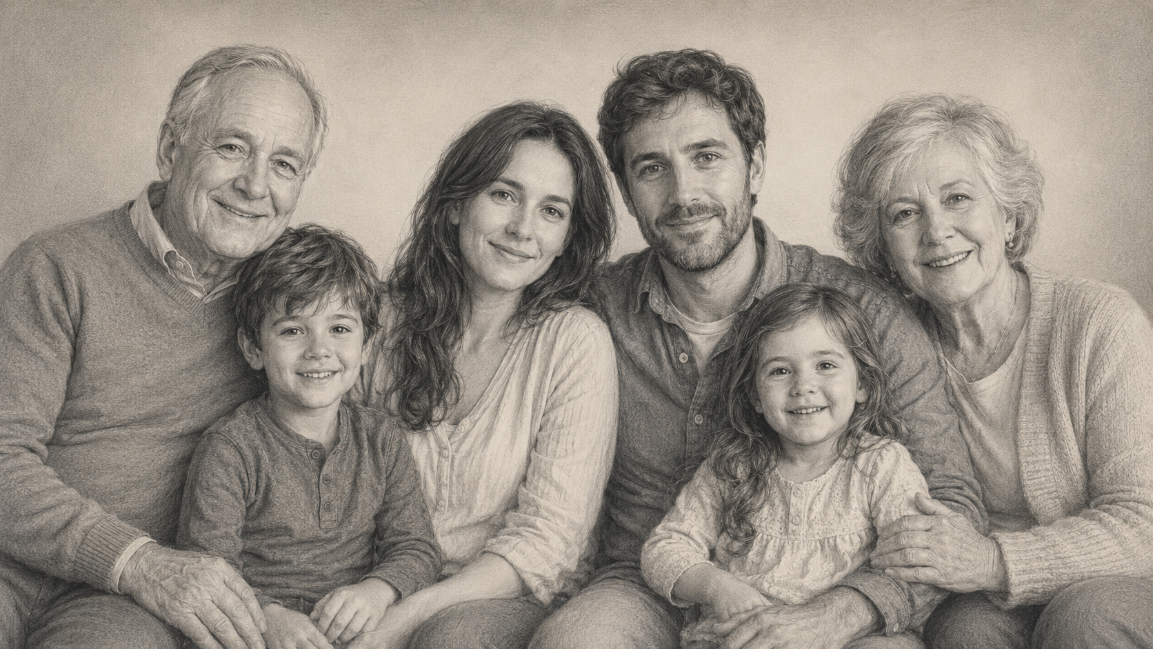 Retrato familiar de tres generaciones realizado a lápiz de grafito sobre papel beige texturizado, con abuelos, padres e hijos pequeños reunidos en una composición clásica y detallada en blanco y negro