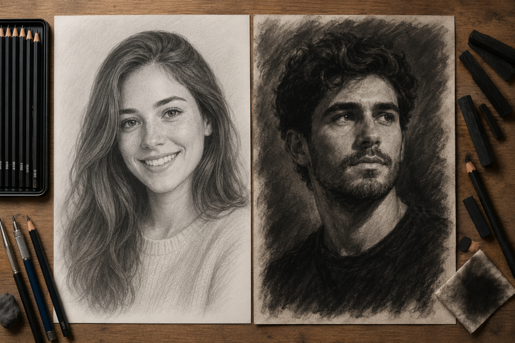 Comparación entre un retrato a lápiz de grafito y un retrato a carboncillo sobre una mesa de trabajo de artista, mostrando las diferencias de detalle, contraste y estilo entre ambas técnicas