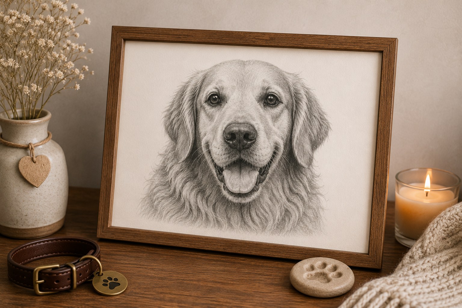 Retrato a lápiz de una mascota fallecida enmarcado, como homenaje y recuerdo duradero de un perro querido